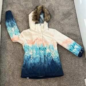 Roxy Blue and White Ski Jacket with Fur Hood